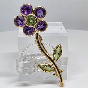 Vintage 14k Yellow Gold Purple Green Gemstones Flower Beautiful Pin Brooch 1.7 g